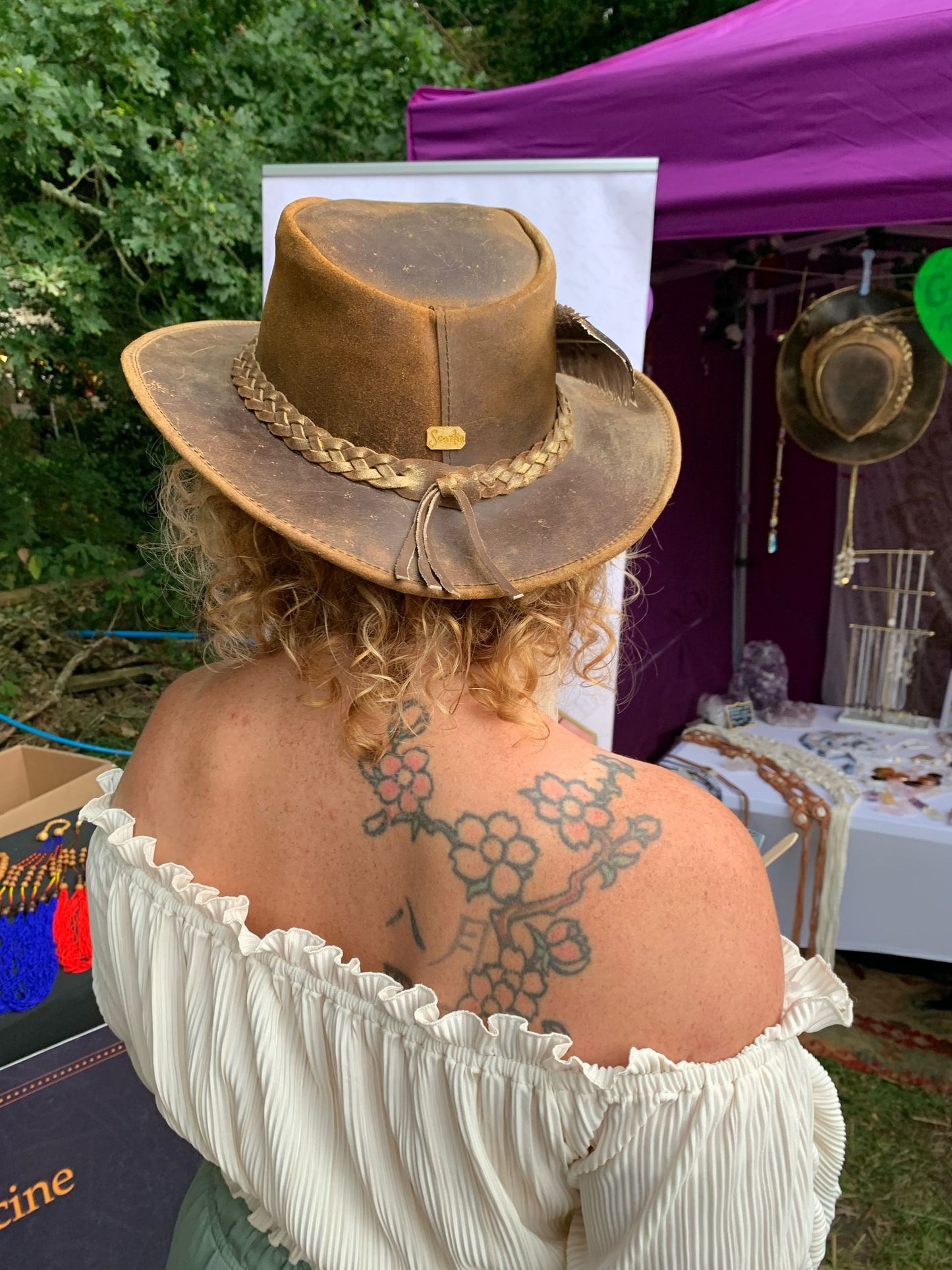 Sacra Gold Dust Tigers Eye Crystal & Feather Embellished Cowboy Hat