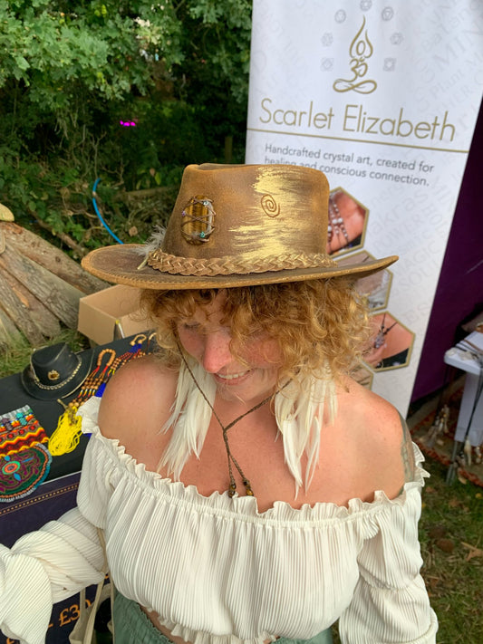 Sacra Gold Dust Tigers Eye Crystal & Feather Embellished Cowboy Hat
