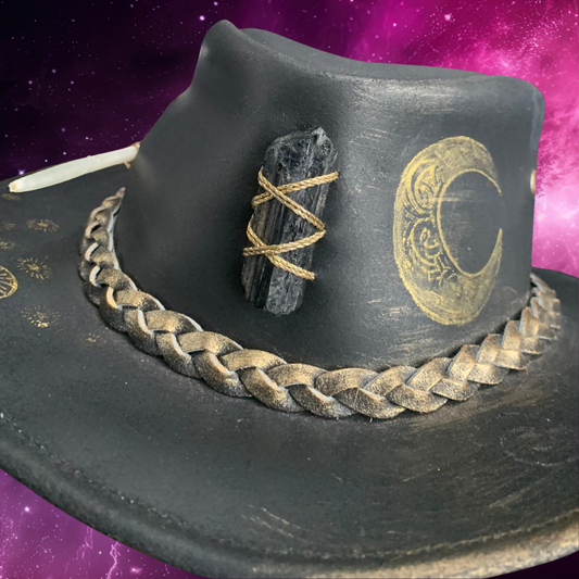 Celestara Black Obsidian Crystal Embellished Cowboy Hat with Feather